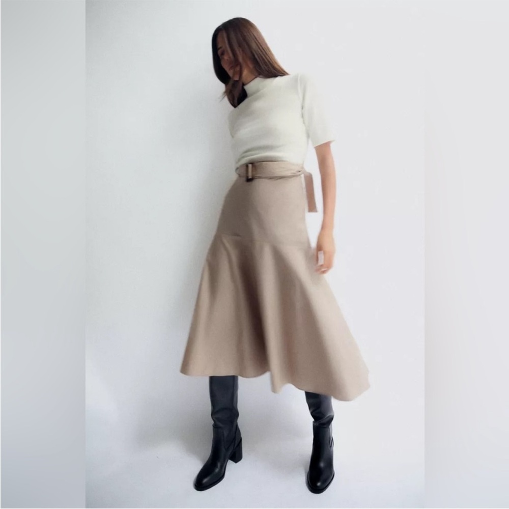 Zara Cream Short-Sleeve Top with Beige Midi Flared Skirt